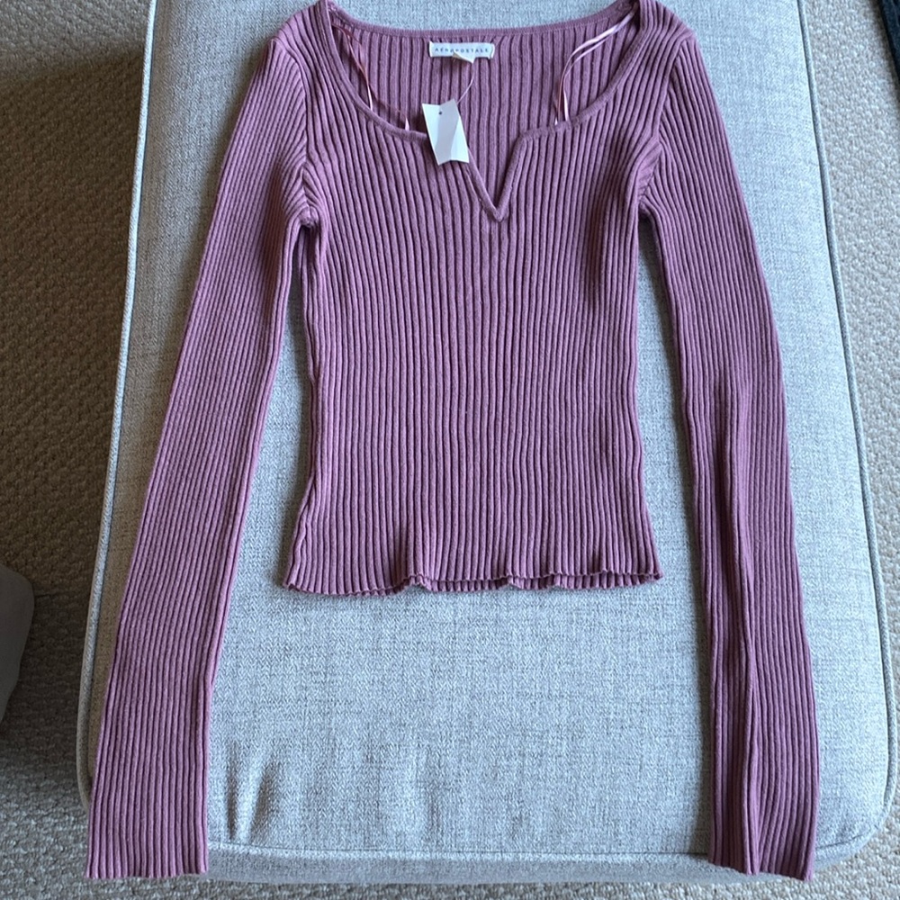 Dark Pink V Neck Ribbed Shirt Long Sleeve
